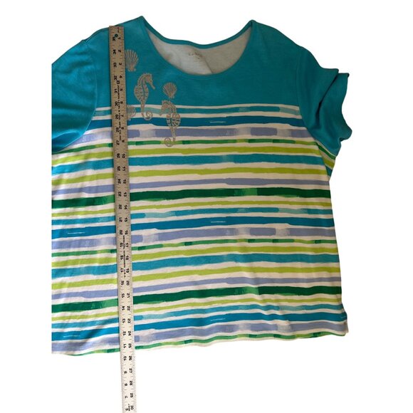 Kim Rogers Curvy 1X Striped Seahorse Tee Short Sleeve 100% Cotton Turquoise - Picture 8 of 8